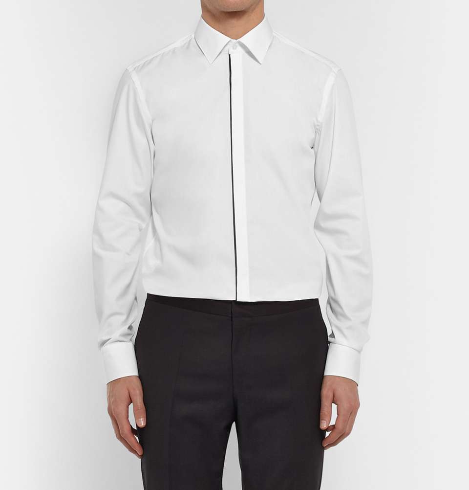 White Slim-Fit Satin-Piped Cotton Tuxedo Shirt