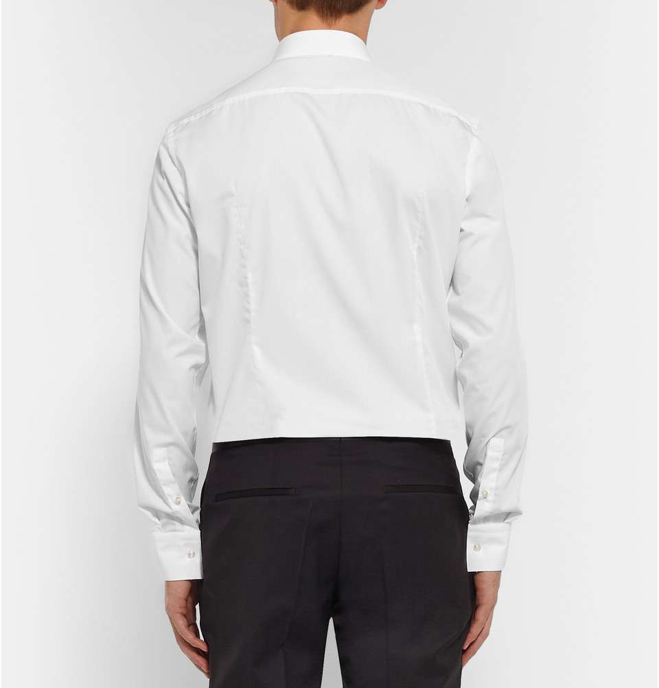 White Slim-Fit Satin-Piped Cotton Tuxedo Shirt