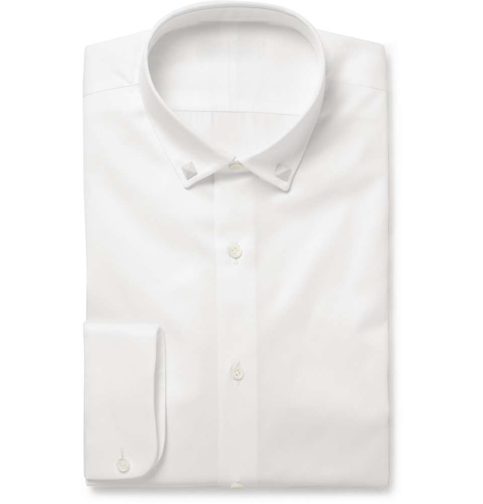 White Collar-Stud Cotton-Twill Shirt