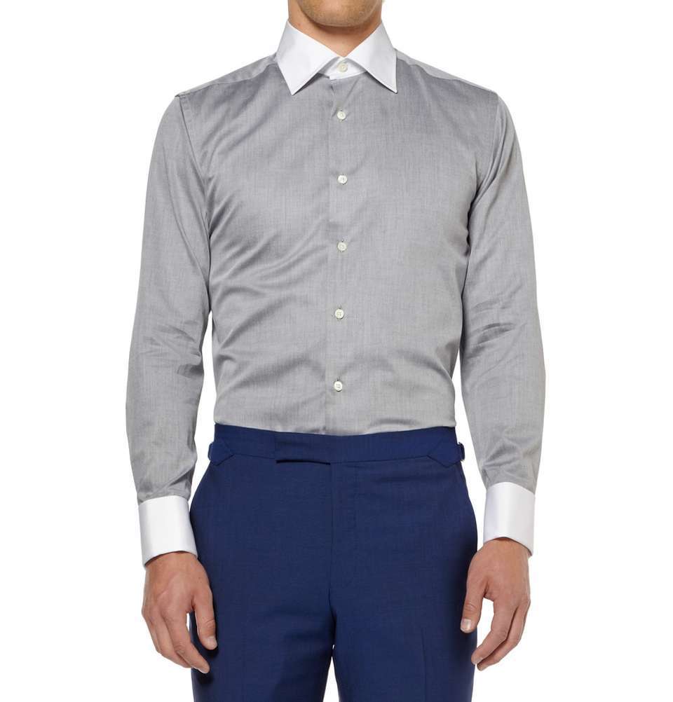 Grey Contrast-Collar Cotton Shirt
