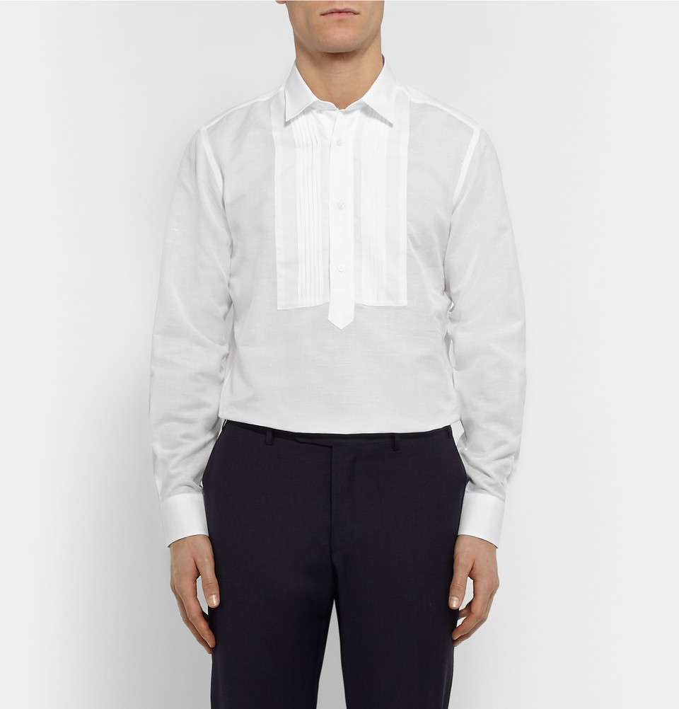 White Bib-Front Cotton and Linen-Blend Shirt