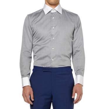 Grey Contrast-Collar Cotton Shirt