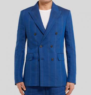 Cobalt Slim-Fit Double Breasted Pinstriped Linen Blend Suit Jacket