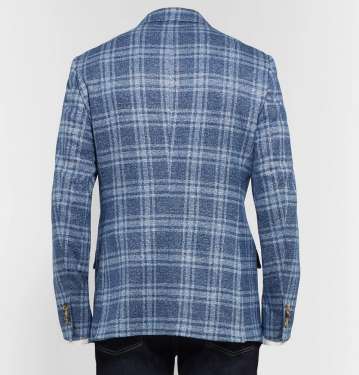 BLUE CHECKED COTTON AND LINEN BLEND BLAZER