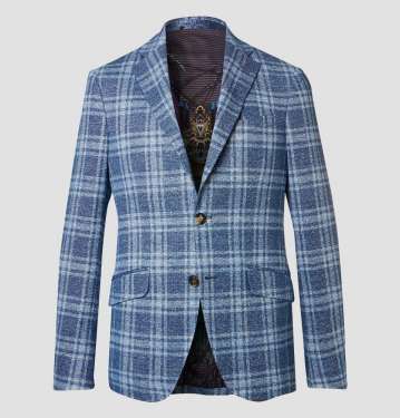 BLUE CHECKED COTTON AND LINEN BLEND BLAZER