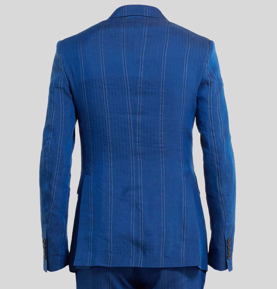 Cobalt Slim-Fit Double Breasted Pinstriped Linen Blend Suit Jacket