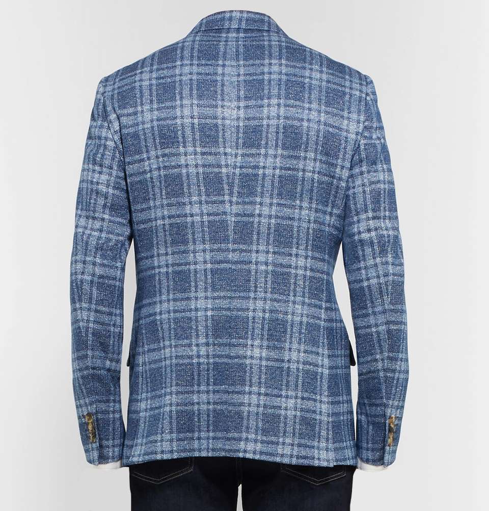 BLUE CHECKED COTTON AND LINEN BLEND BLAZER