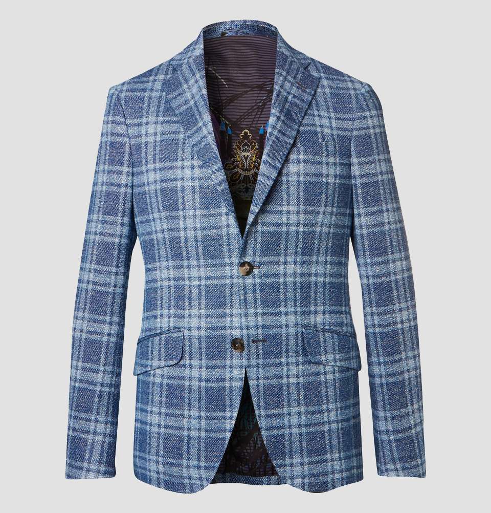 BLUE CHECKED COTTON AND LINEN BLEND BLAZER