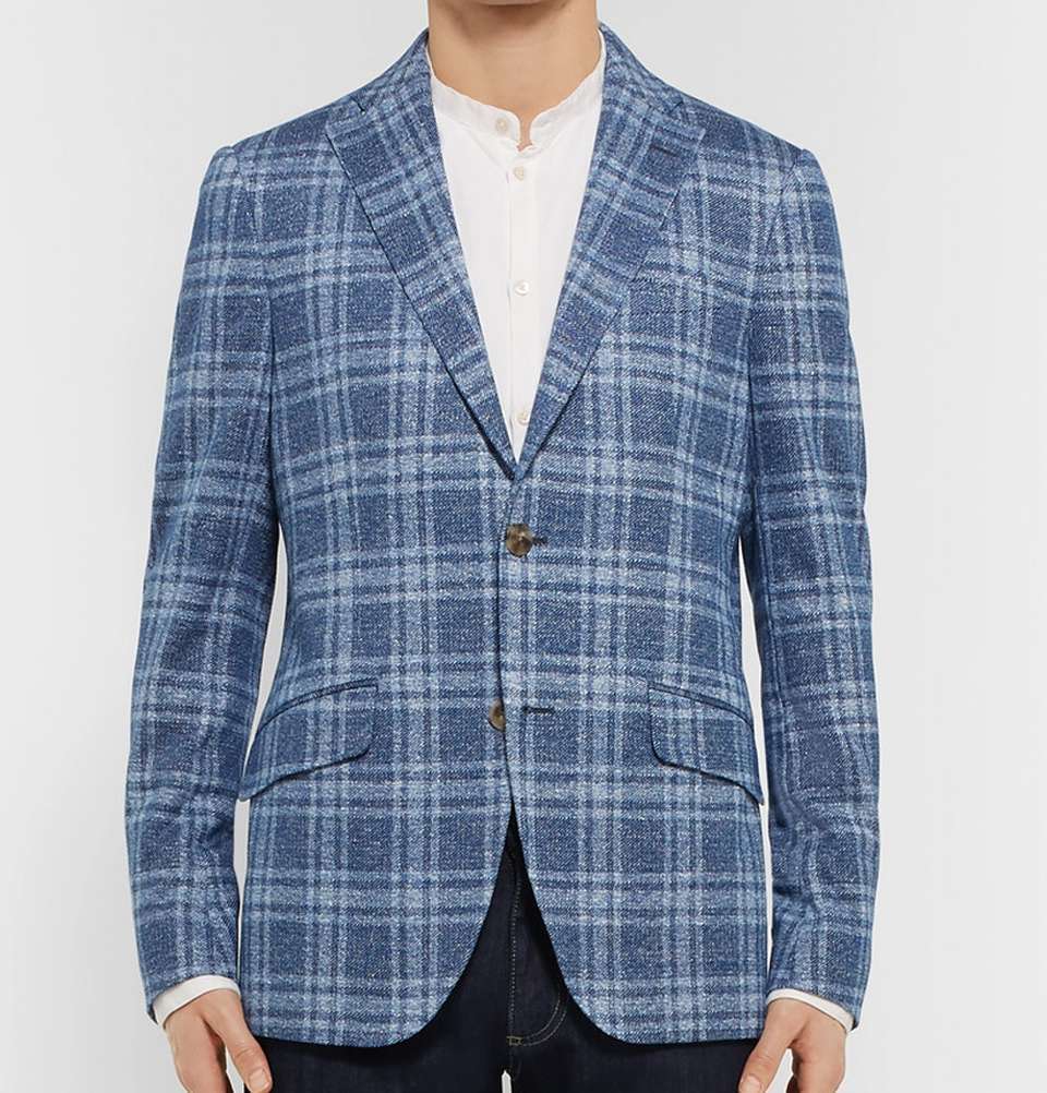 BLUE CHECKED COTTON AND LINEN BLEND BLAZER