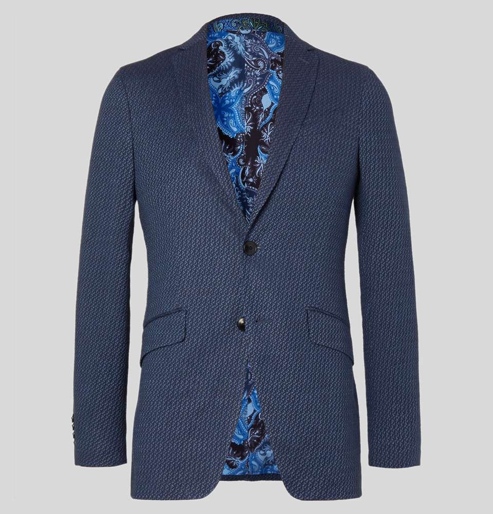 DARK BLUE SLIM FIT STRETCH COTTON AND LINEN BLEND JACQUARD BLAZER