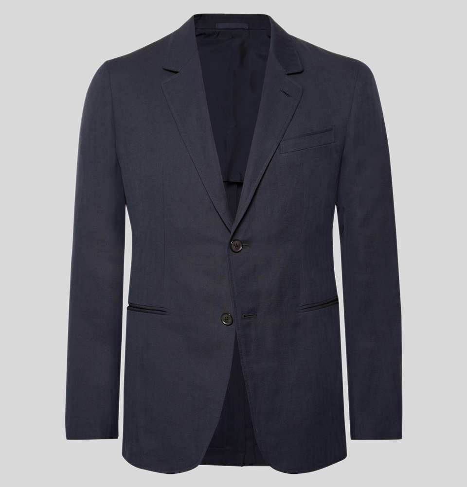 Midnight Blue Slimv Fit Unstructured Herringbone Cotton And Linen Blend Blazer