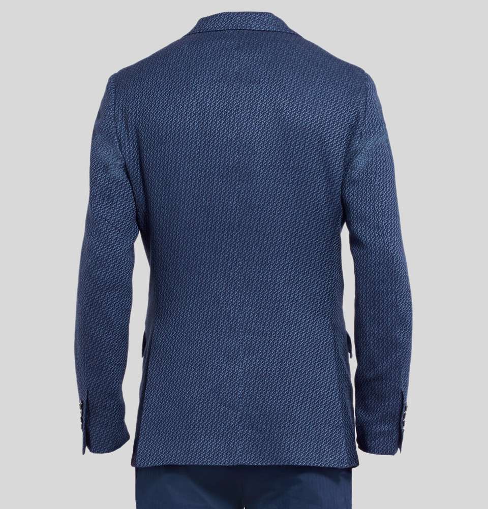 DARK BLUE SLIM FIT STRETCH COTTON AND LINEN BLEND JACQUARD BLAZER