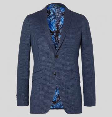 DARK BLUE SLIM FIT STRETCH COTTON AND LINEN BLEND JACQUARD BLAZER