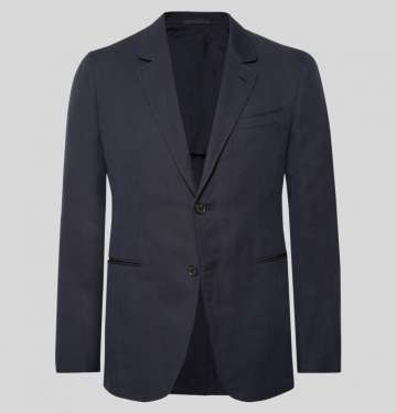 Midnight Blue Slimv Fit Unstructured Herringbone Cotton And Linen Blend Blazer