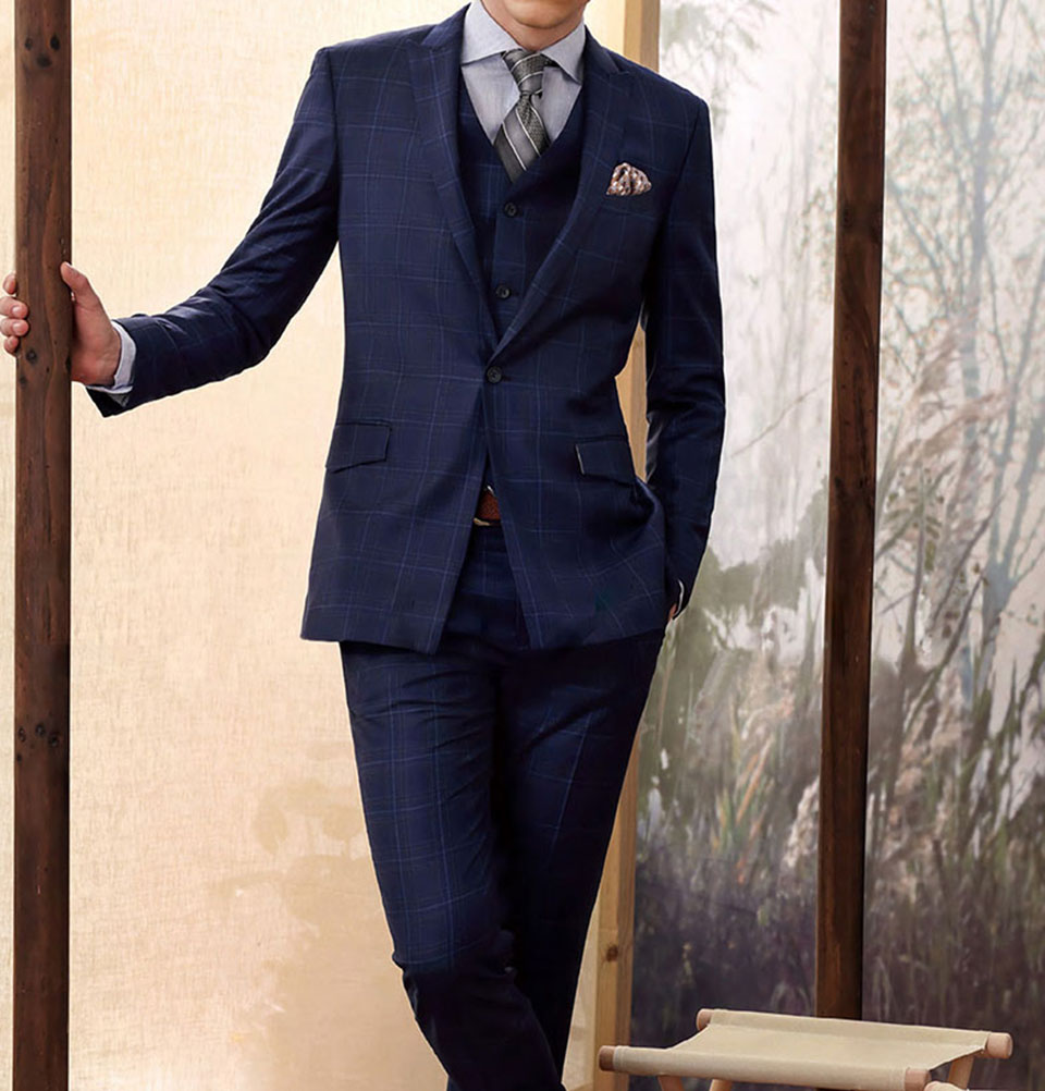 3 Piece White Check Blue Suit